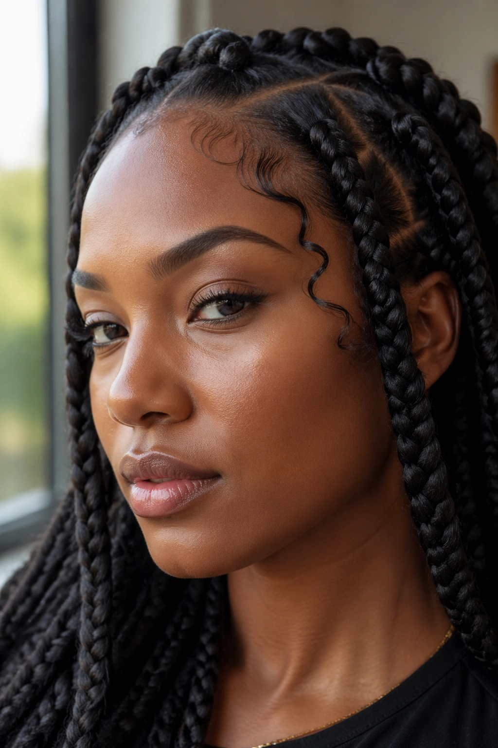 Close-up of a real woman with jumbo braids and tiny temple curls at the hairline.