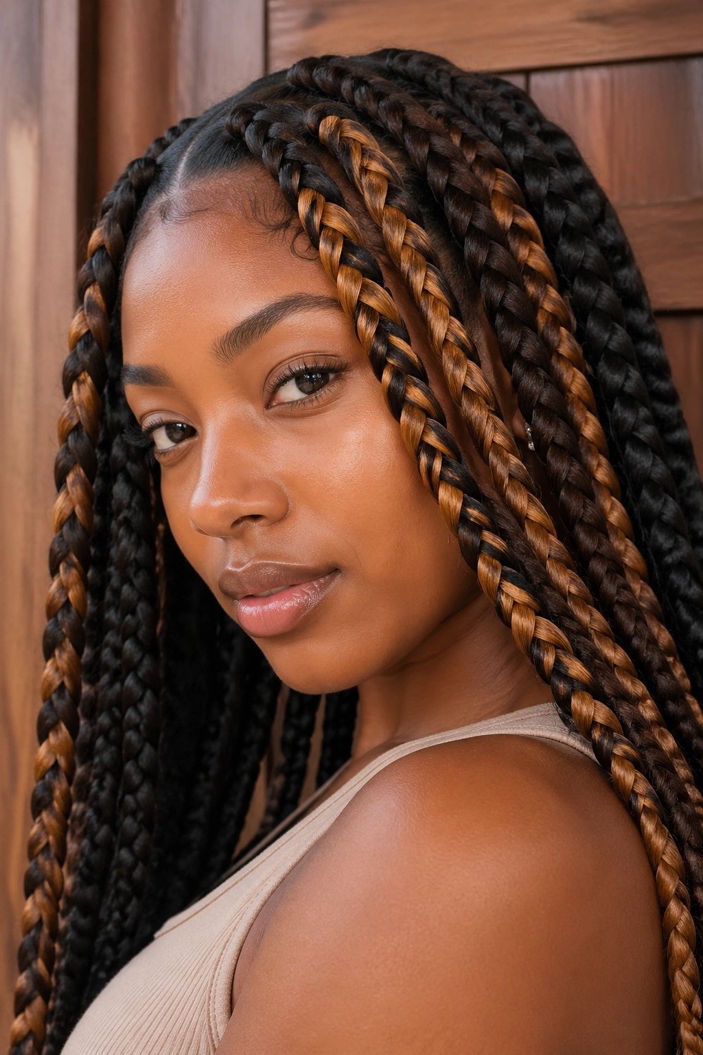 Real person with jumbo braids showing toffee blonde streaks.