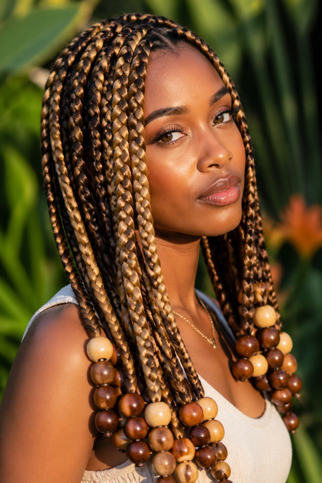 Close-up of a real woman with jumbo box braids and oversized wooden beads in outdoor lighting