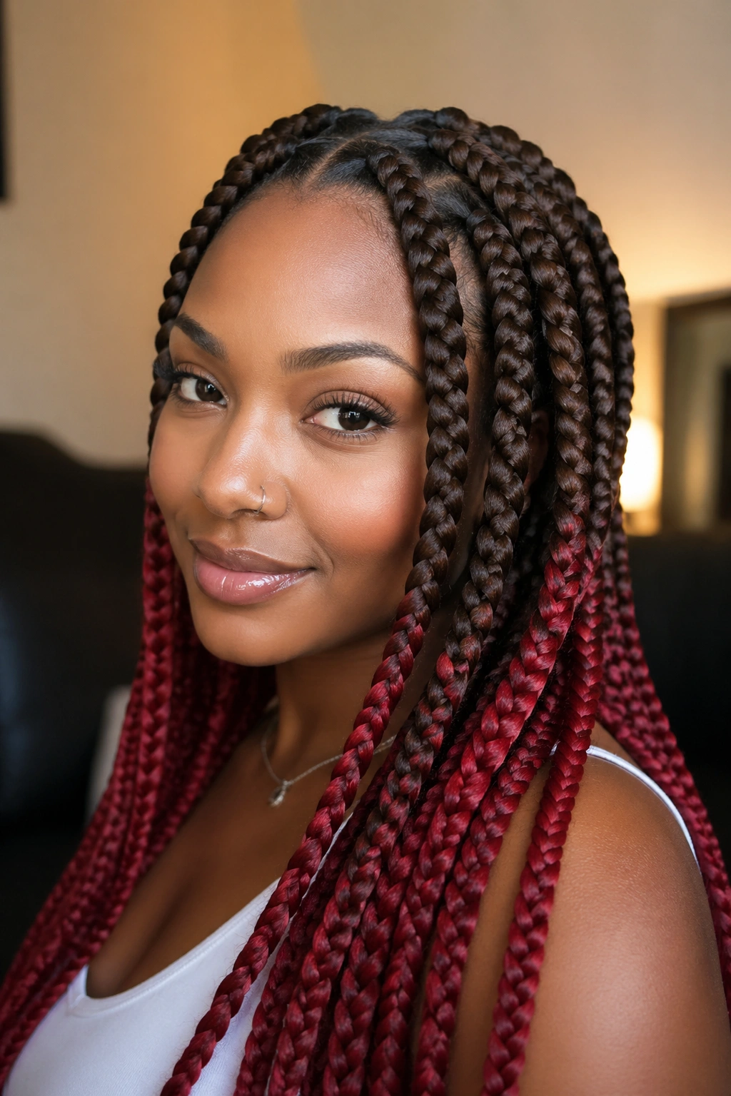 Close-up of a real woman with jumbo brown knotless braids and red ends