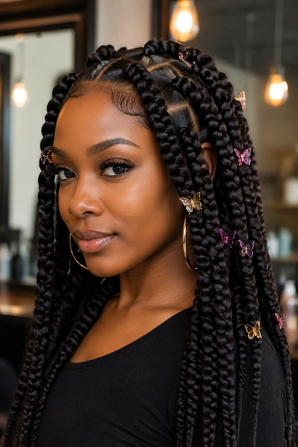 Close-up portrait of a real woman with jumbo butterfly braids in a salon