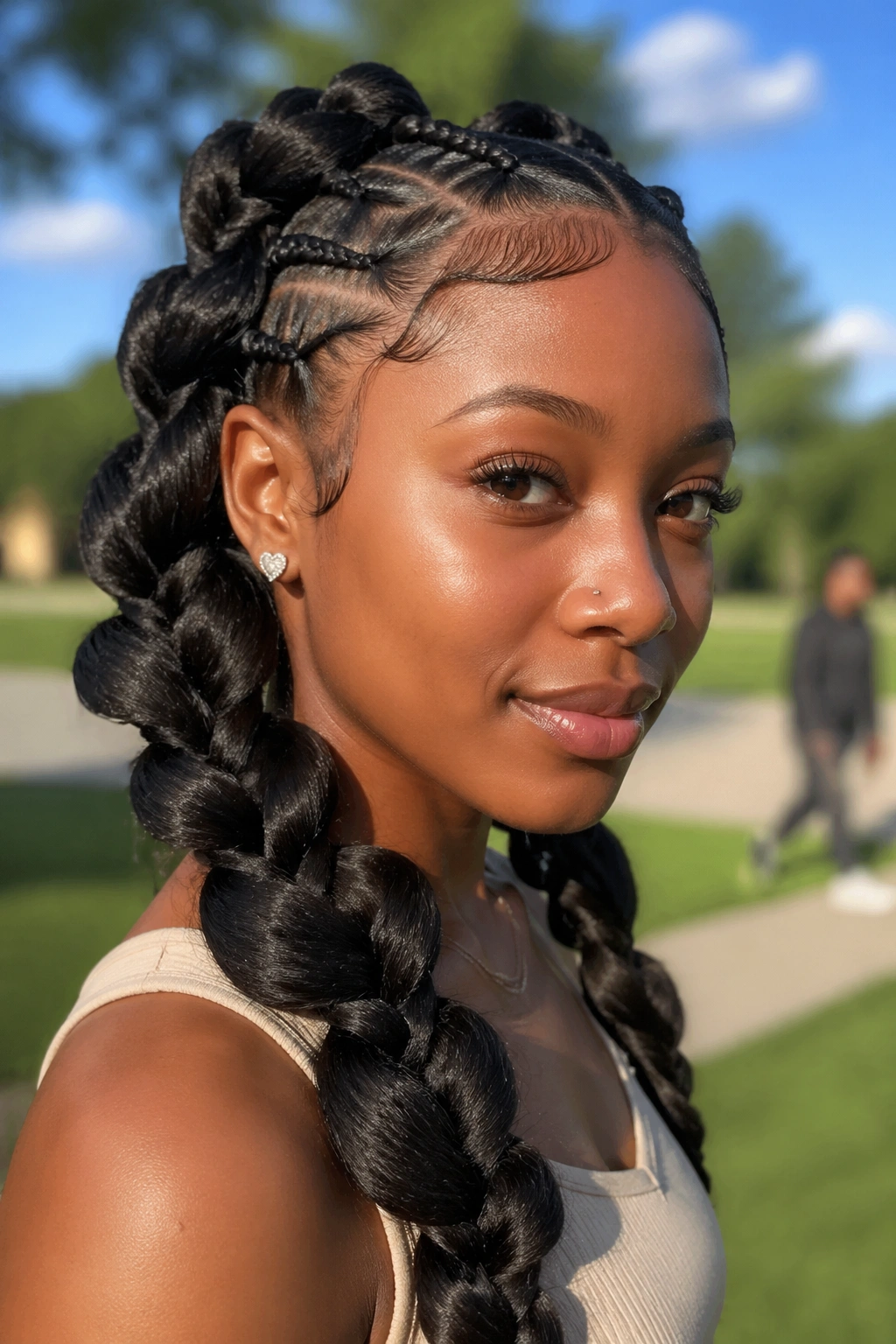 Real person with jumbo butterfly braids in bright daylight