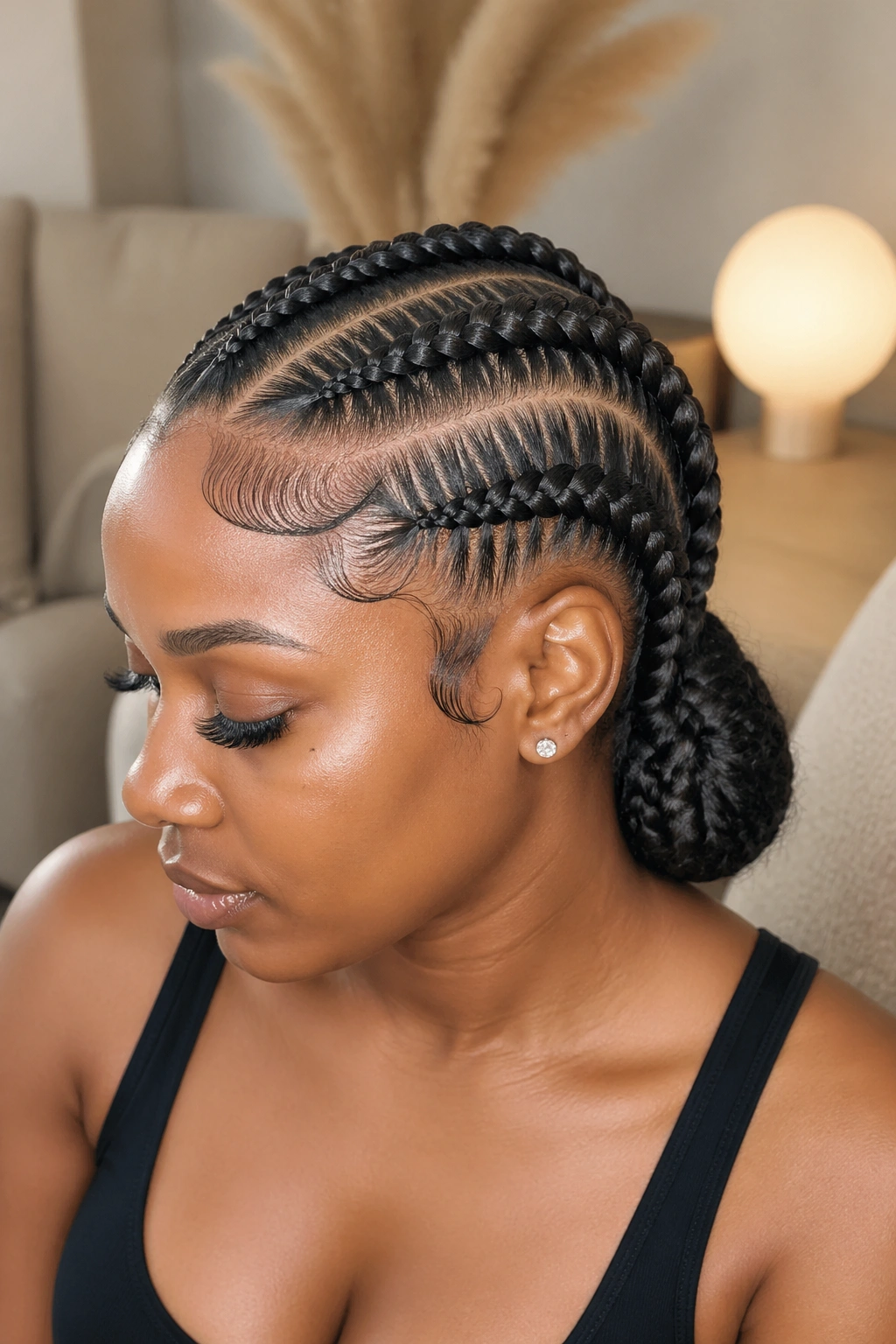 Close-up of jumbo cornrows leading to a flat ponytail