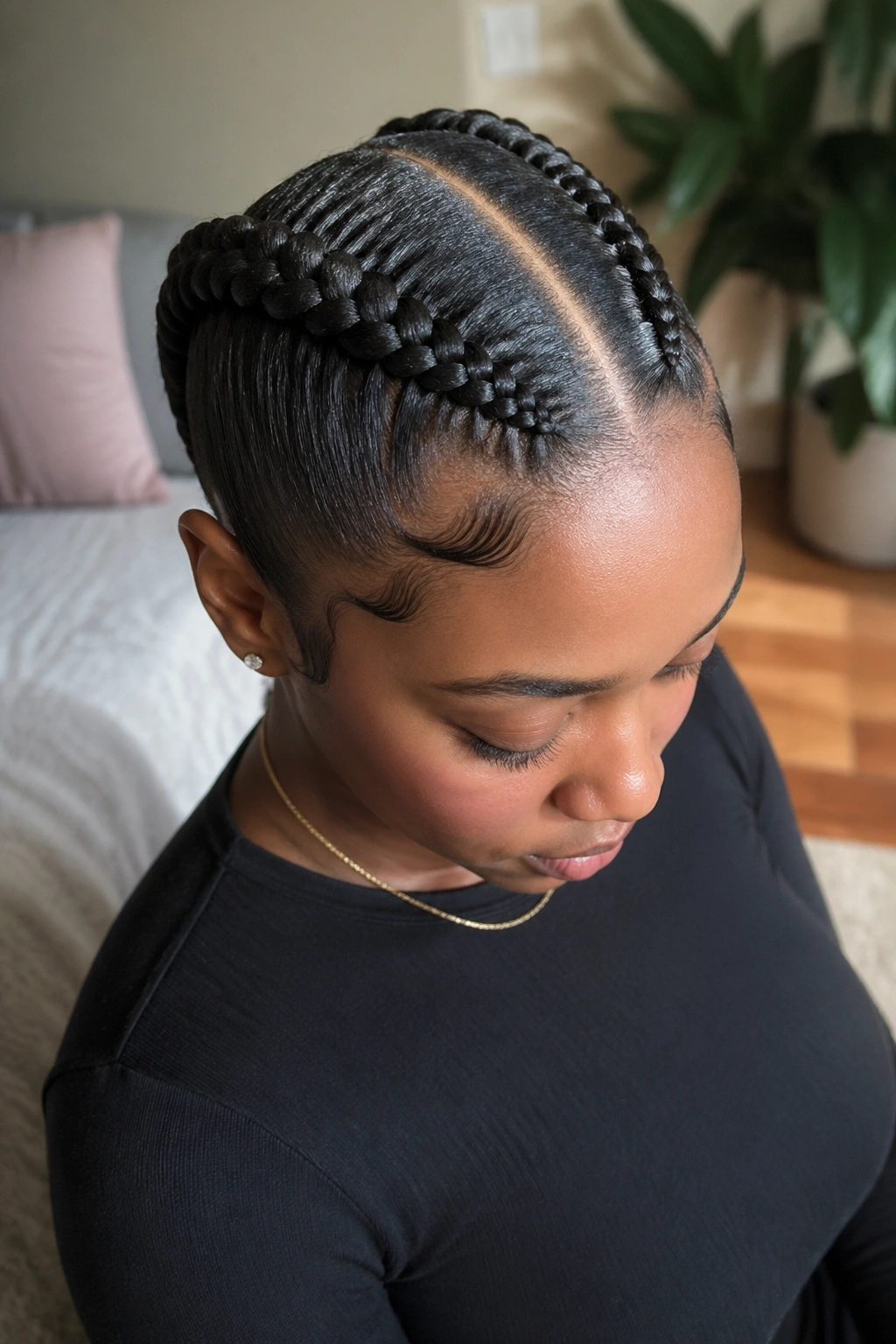 Close-up of a real woman with two jumbo cornrows and a center part
