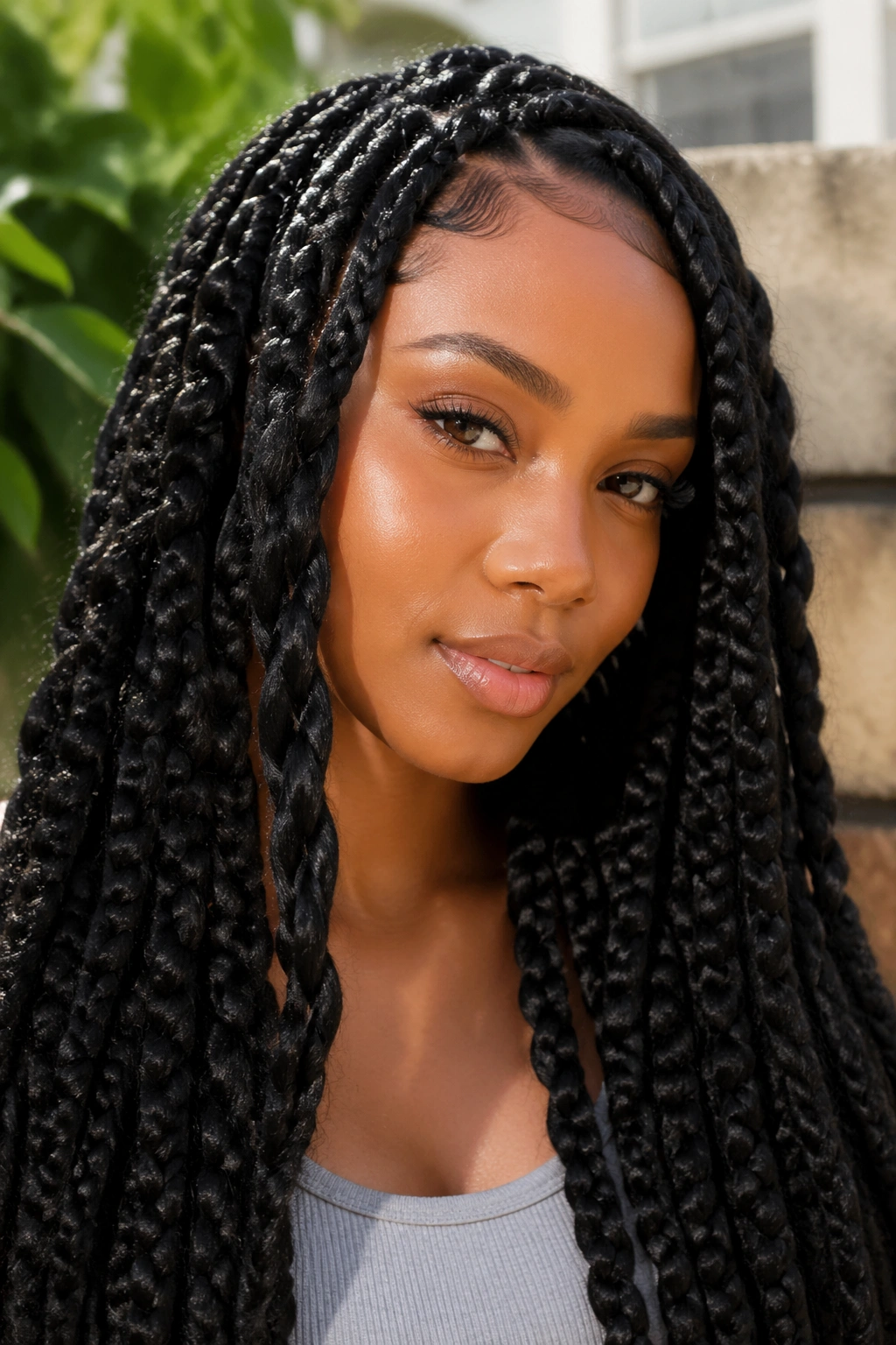 Close-up portrait of a real woman with jumbo crochet braids in a bold, voluminous style