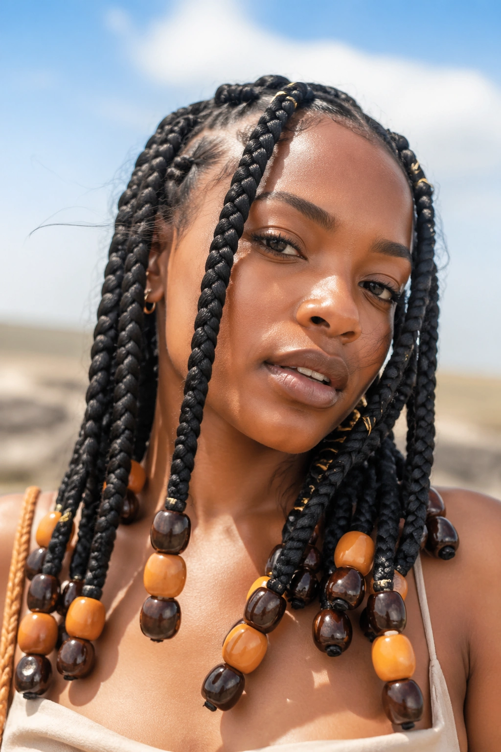 Close-up of a real woman with jumbo Fulani braids and oversized barrel beads