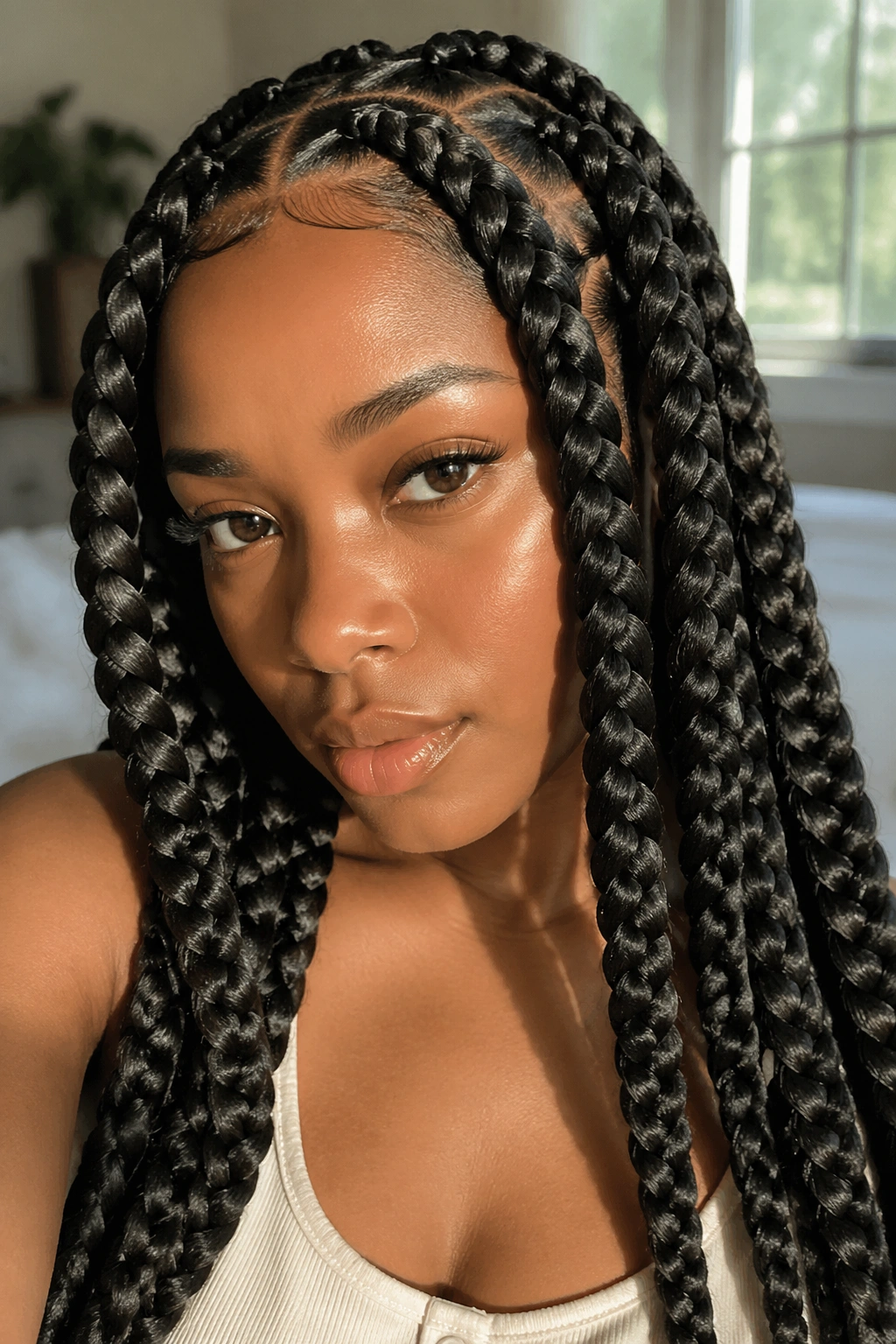 Close-up of a real woman with jumbo goddess braids filling the frame