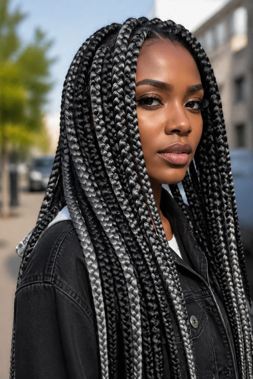 Medium close-up of jumbo grey highlighted box braids on a real person outdoors