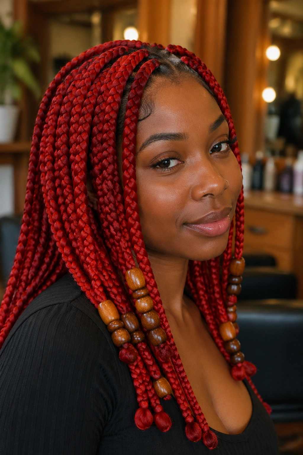 Close-up of a real woman with jumbo flame-red knotless braids and chunky wooden beads in a warm salon setting