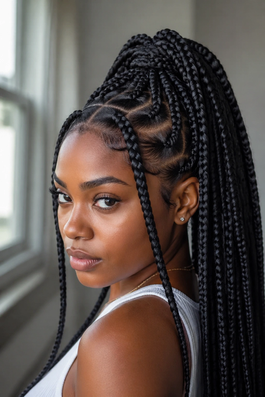 Real woman with jumbo knotless box braids in a high ponytail