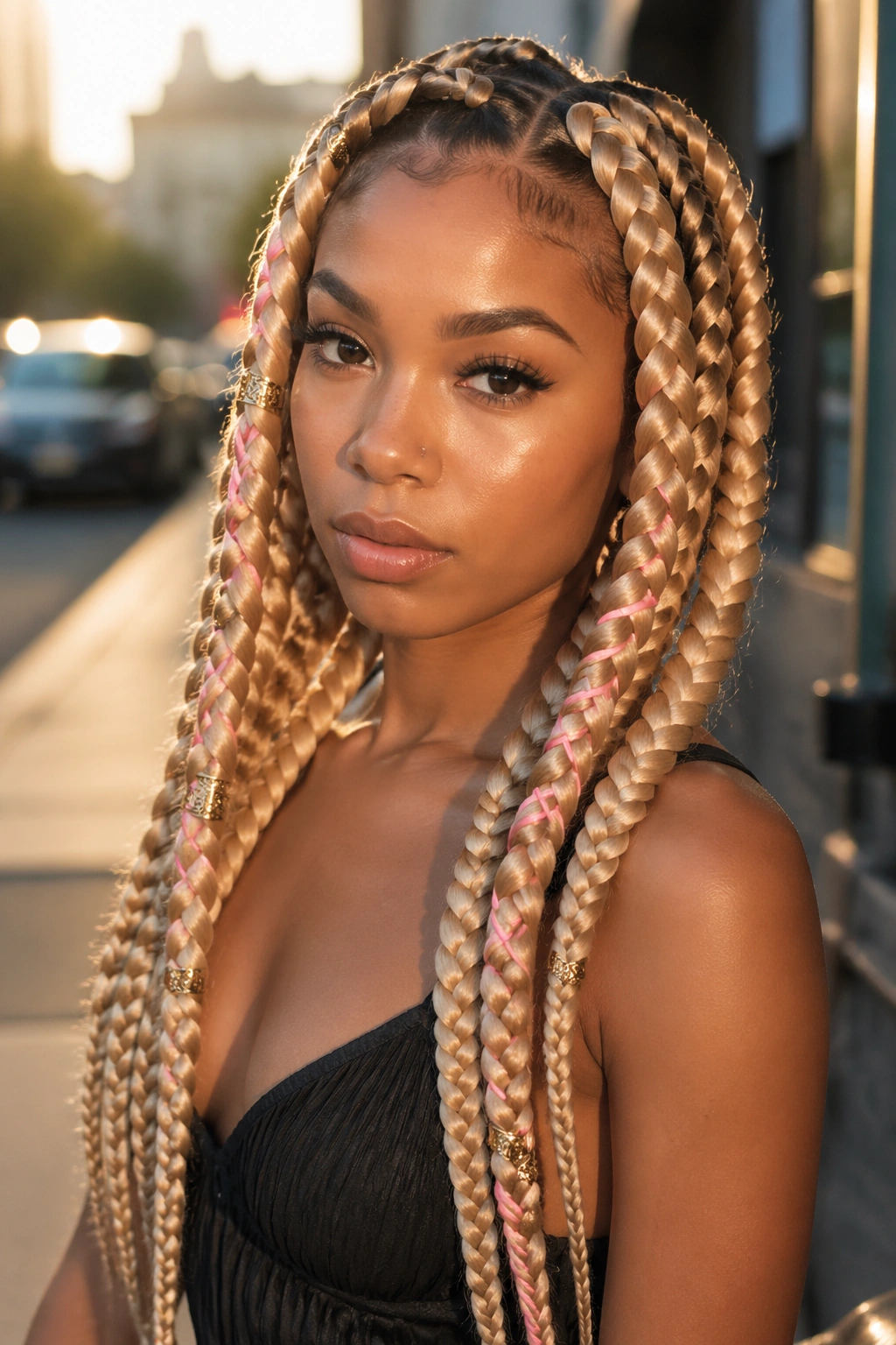 Real person with jumbo knotless braids featuring pink thread and gold cuffs