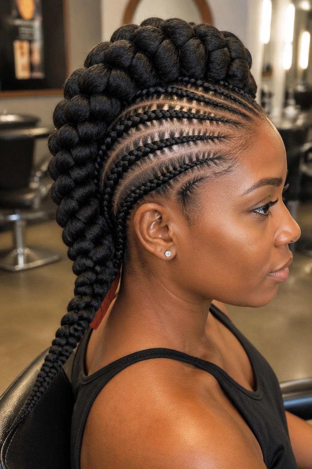 Portrait of a real woman with jumbo mohawk braids and a tall ridge