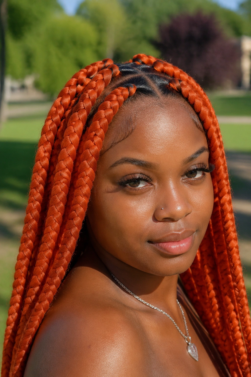 Real woman with jumbo orange box braids