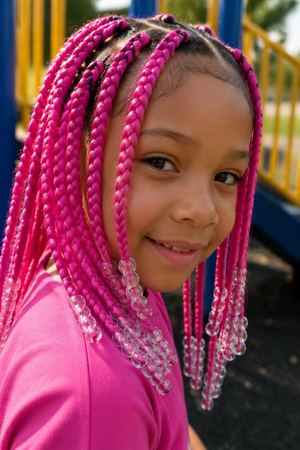 Child with hot pink jumbo box braids and clear beads, portrait