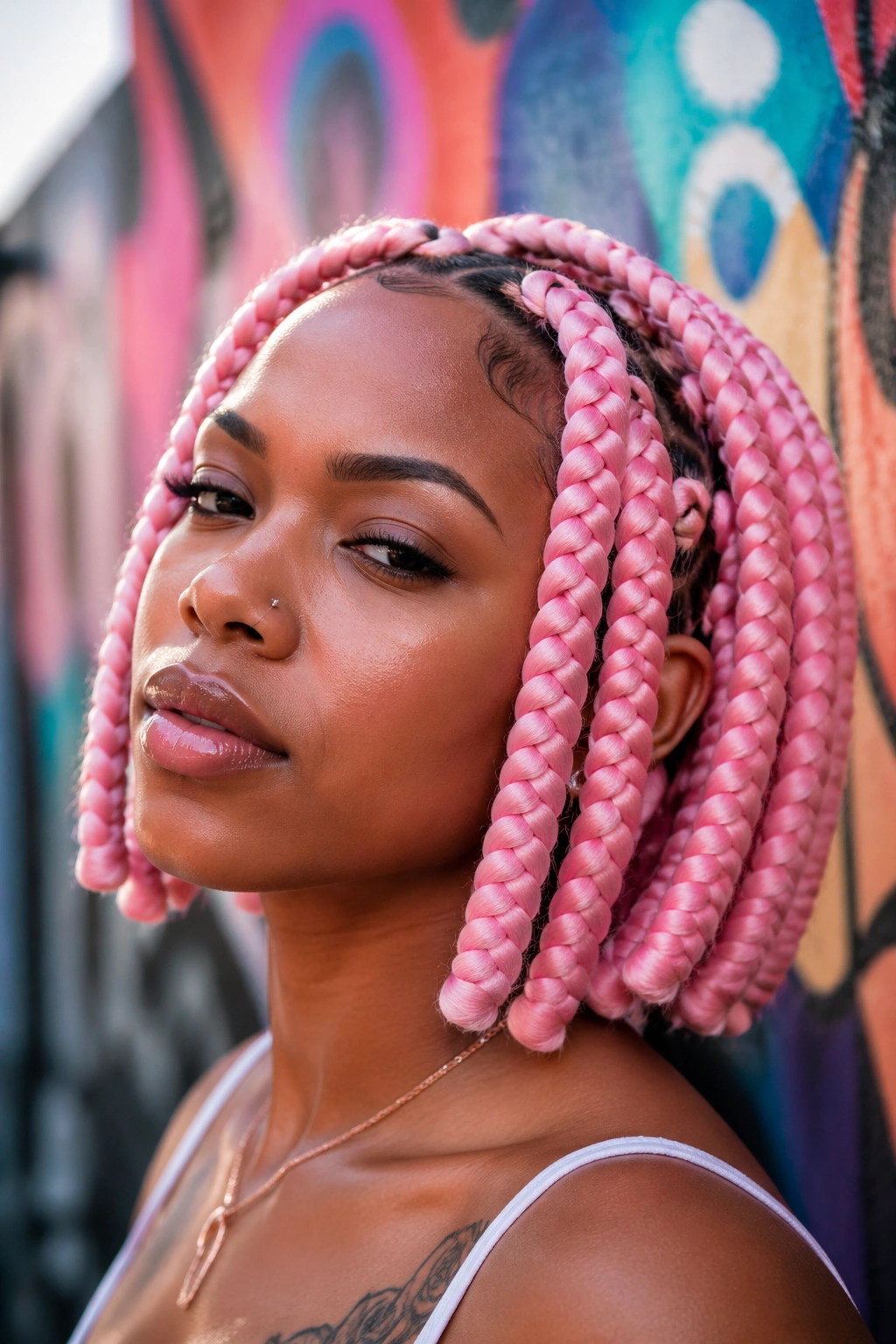 Close-up portrait of a person with jumbo pink box braids filling the frame.
