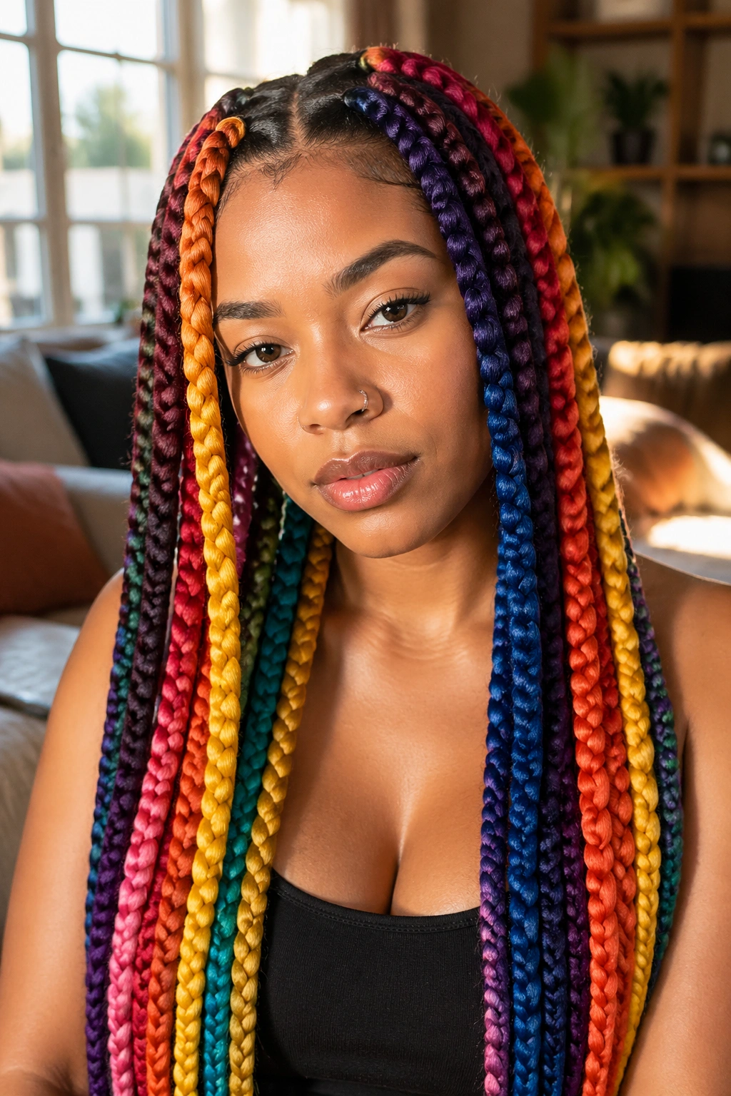 Close-up portrait of a real person with 18 jumbo rainbow box braids filling the frame