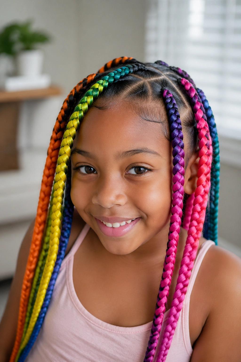 Portrait of a child with jumbo rainbow braids across the scalp