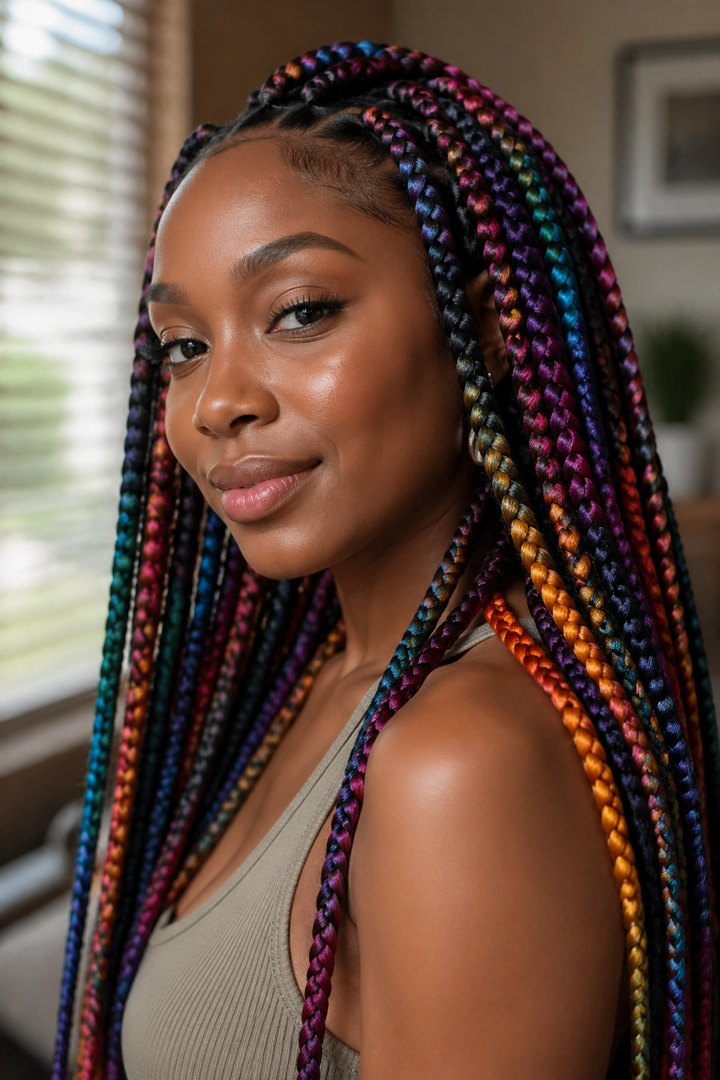 Portrait of a woman with light, jumbo rainbow box braids in a cozy indoor setting