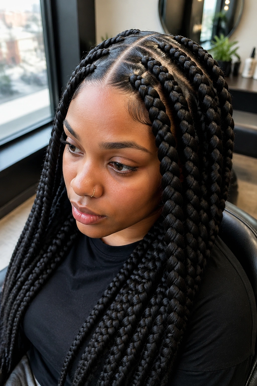 Portrait of a real woman with jumbo stitch braids and a sharp middle part