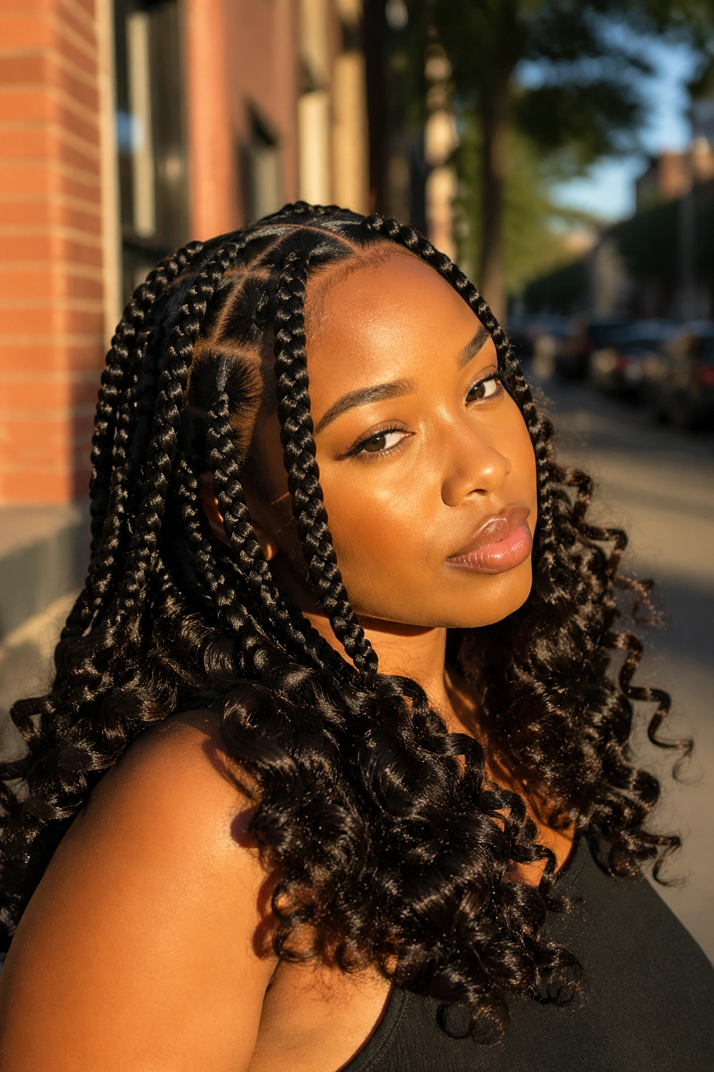 Close-up of a real woman with jumbo triangle-part braids and bouncy ends in golden hour light