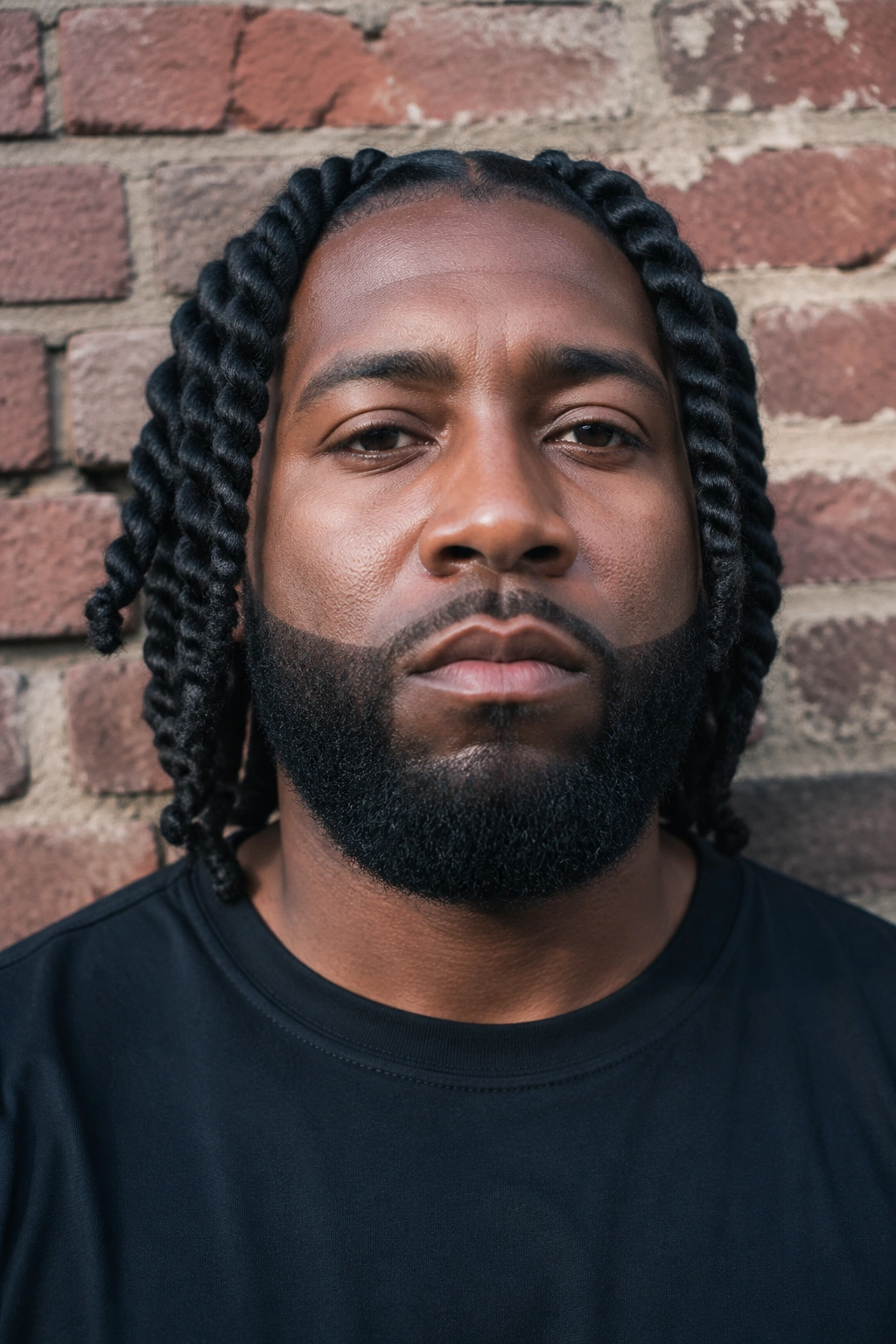 Man with thick jumbo twists and a boxed beard against a brick wall