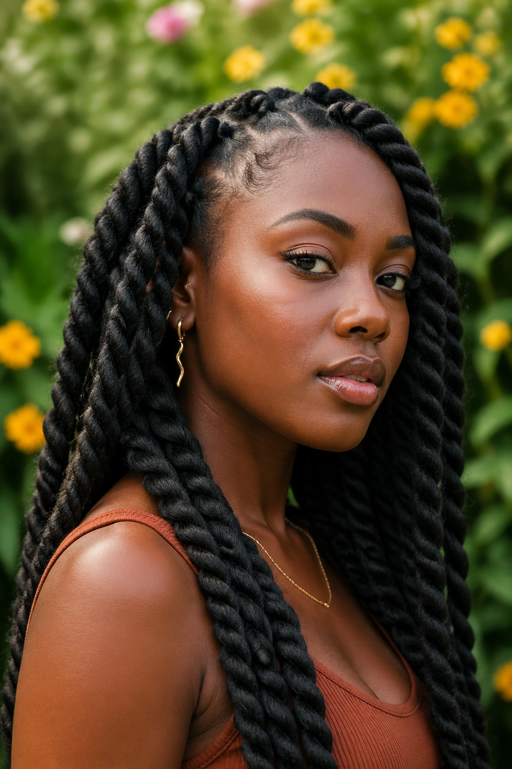 Portrait of a person with large jumbo twists outdoors showing bold texture