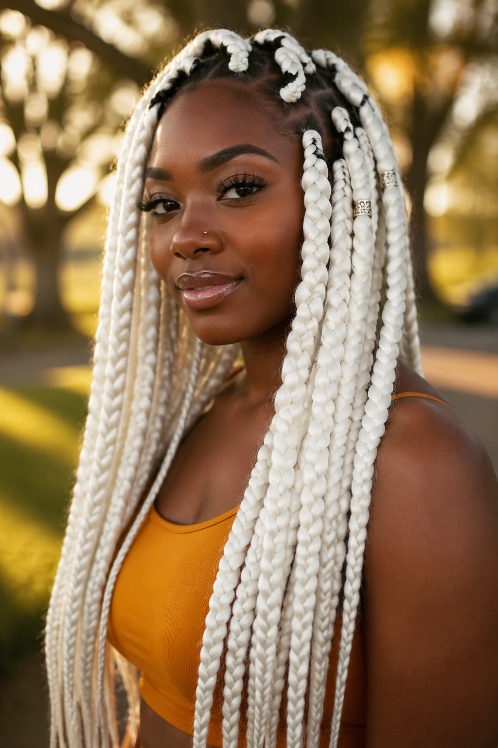Portrait of a real woman with jumbo white box braids worn down in a park at golden hour