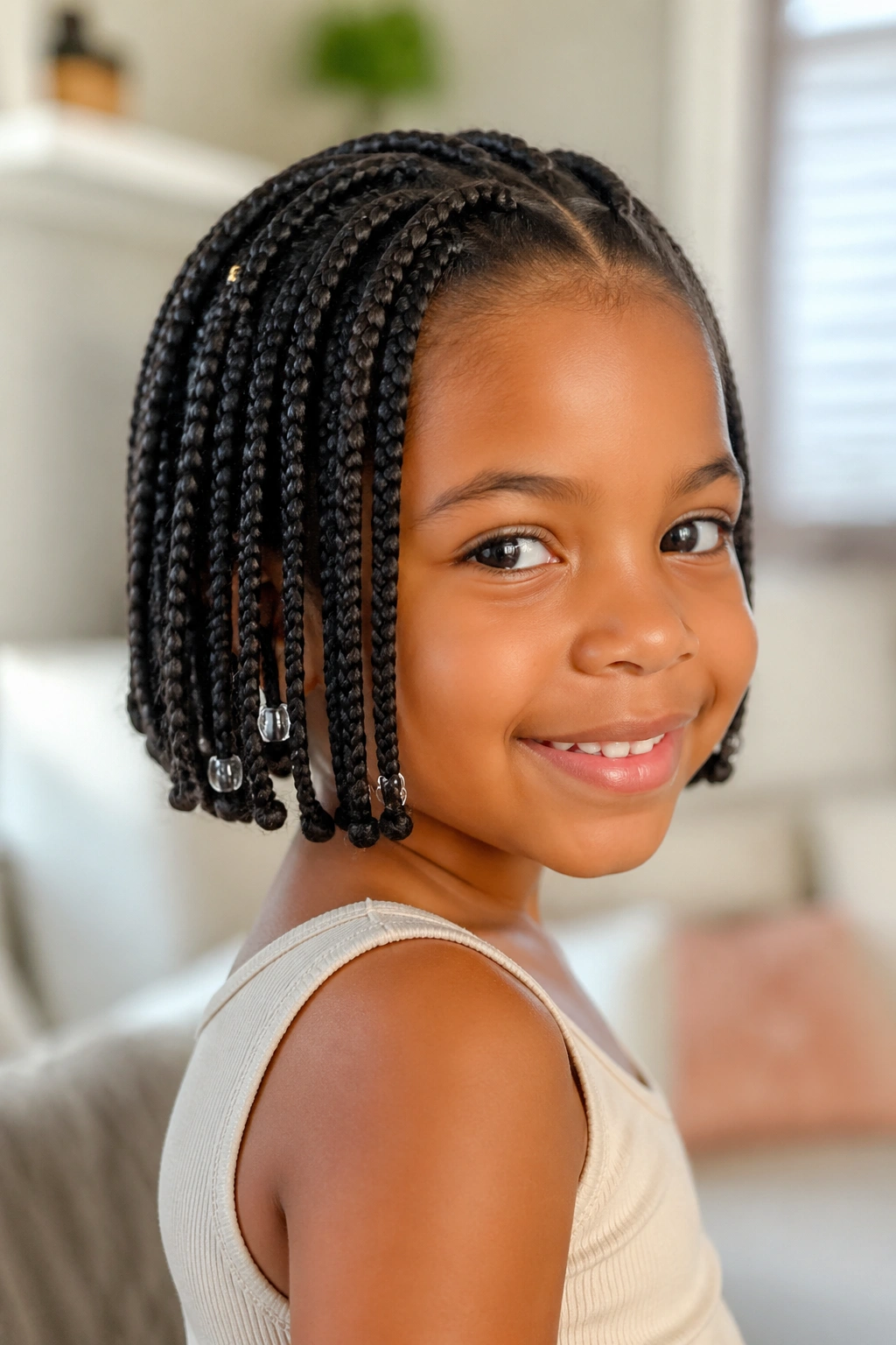 Close-up of a child with a short braided bob illustrating safe tension