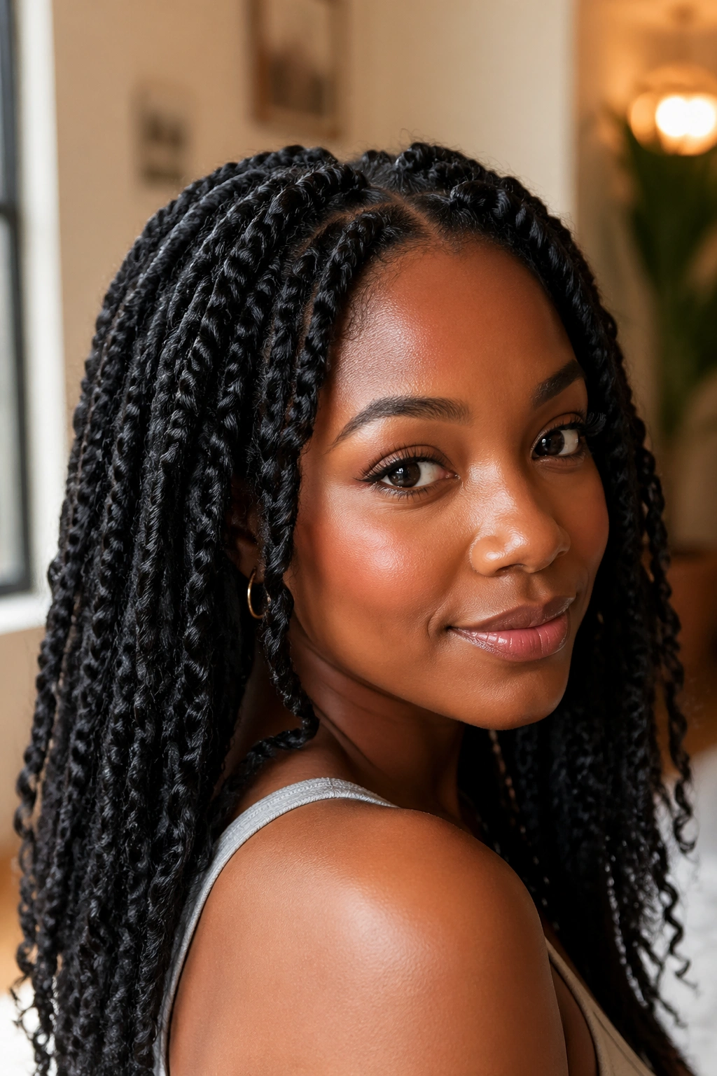 Close-up portrait of a real person with kinky twists extensions.