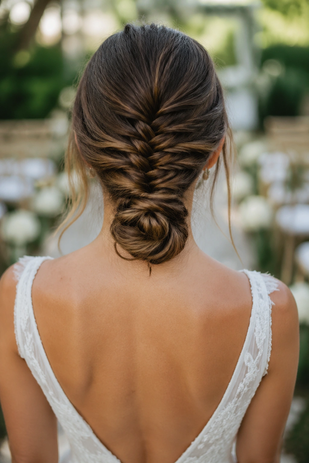 Back view of knot-tied fishtail braid pinned low in a garden setting.