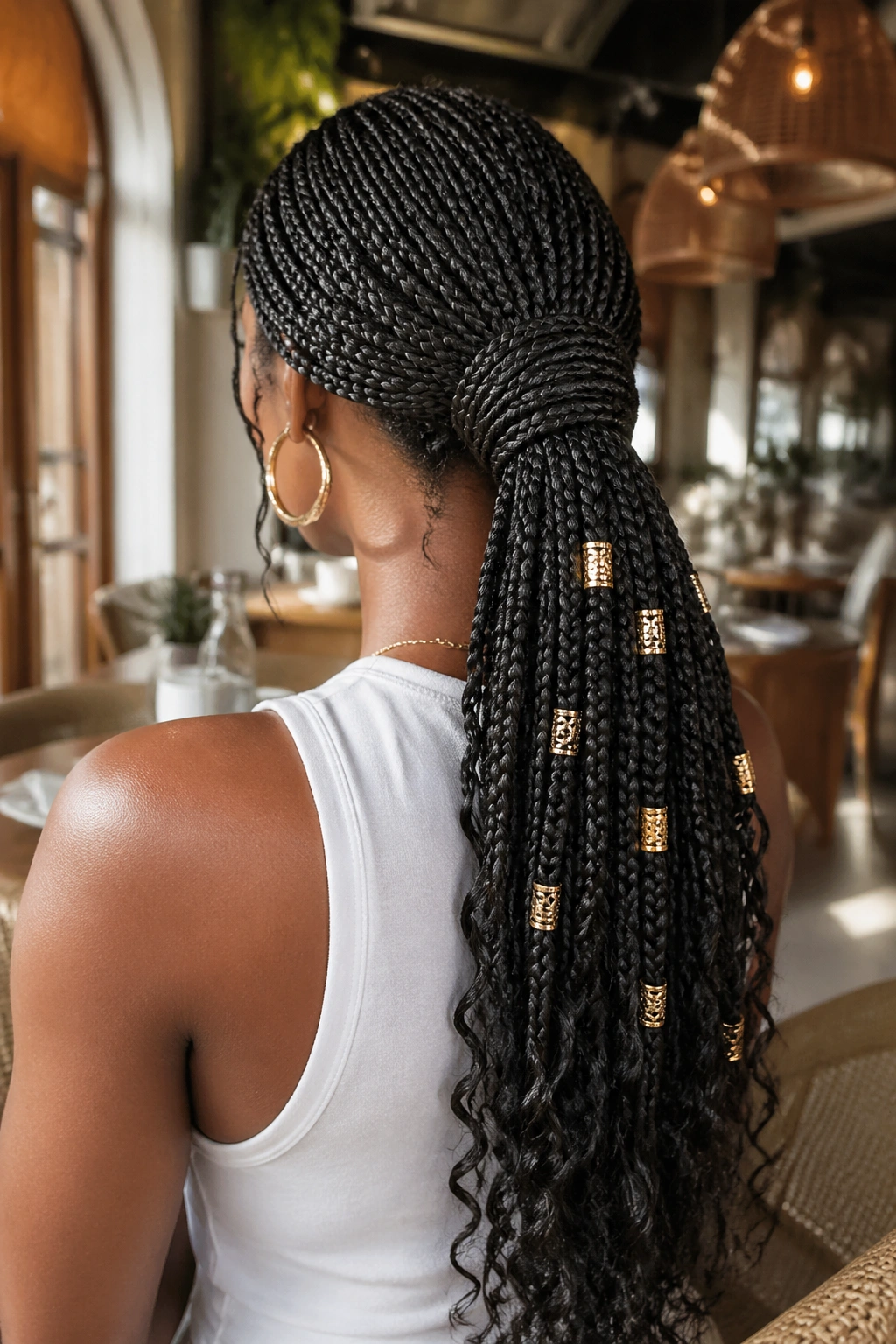 Back view of a real woman with knot-wrap ponytail and gold cuffs along the tail.