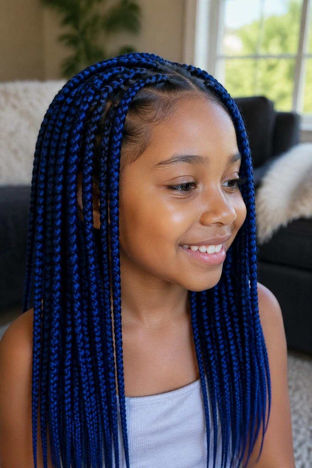 Child with knotless blue box braids showing soft root and smooth scalp