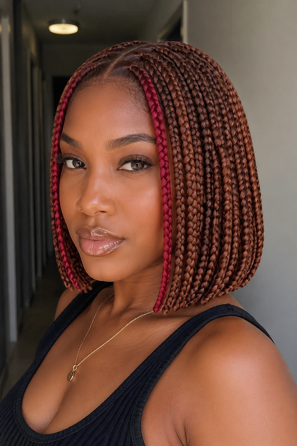 Close-up of real person with cinnamon brown bob and cherry red face-framing strands