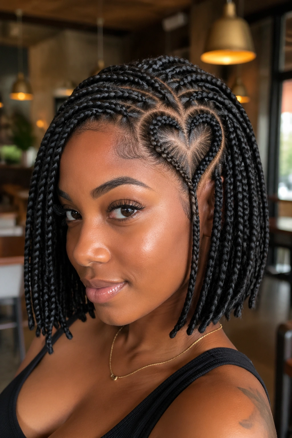 Knotless box braids bob with a bold heart at the temple