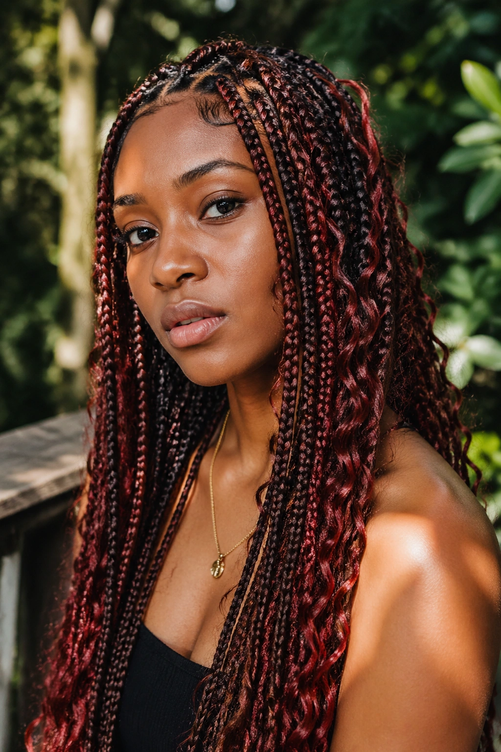 Close-up of real person with brown and red boho knotless braids with loose curls