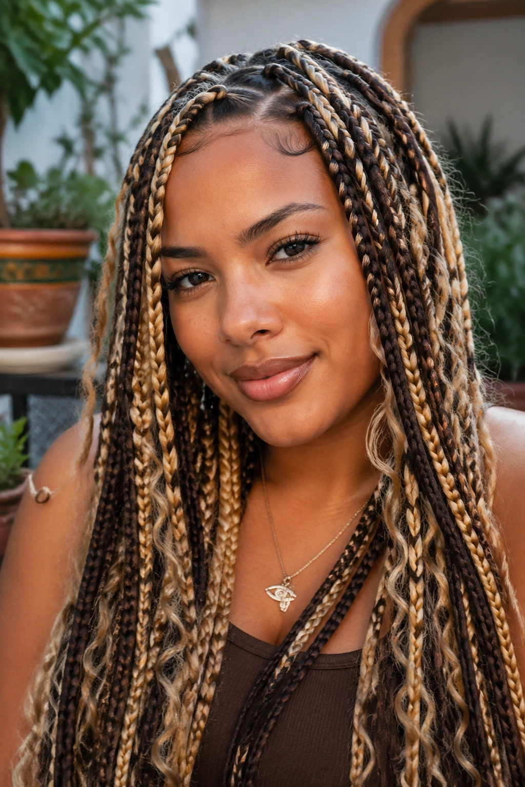 Close-up of a real woman with chunky blonde and brown knotless boho braids