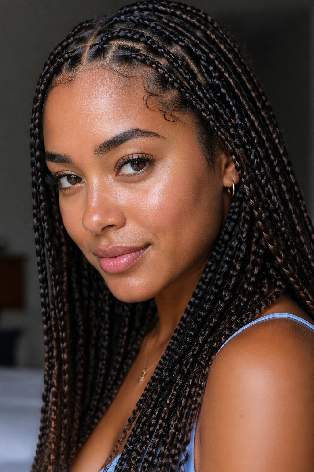 Close-up of a real woman with knotless box braids for 3B/3C curls, showing soft root feed-in.