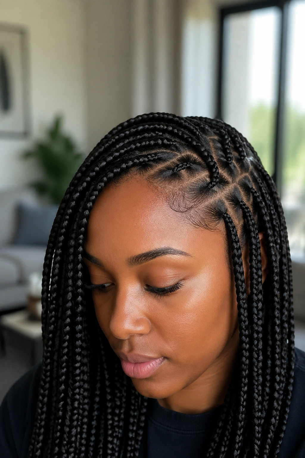 Close-up of a real woman with knotless box braids starting at the scalp in a softly lit room