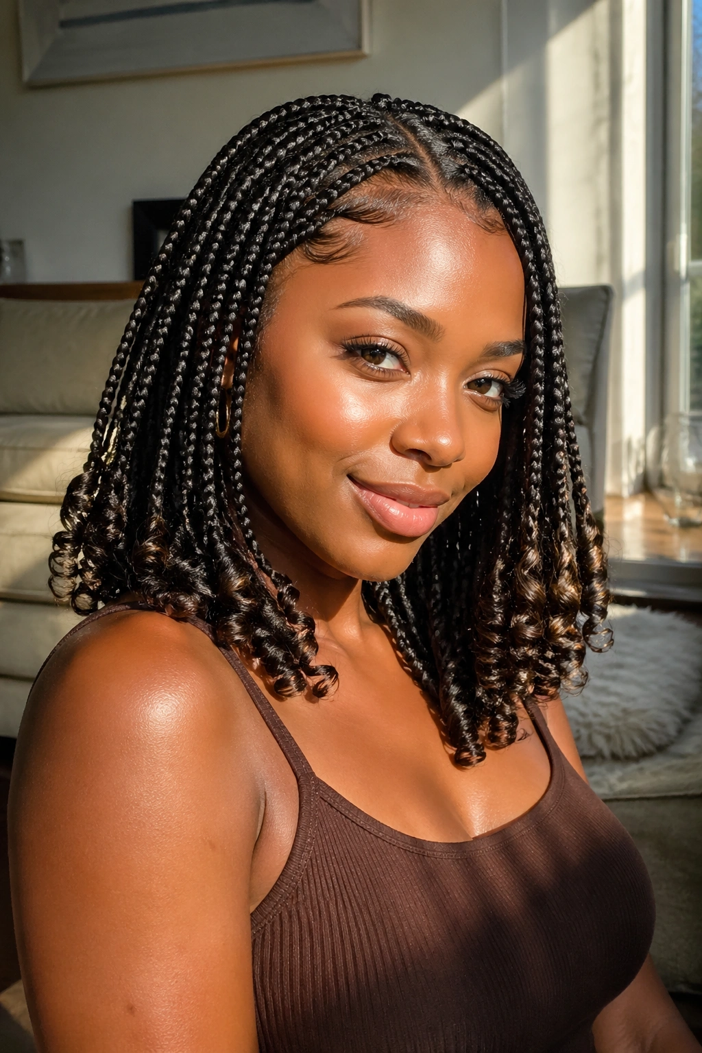 Close-up of knotless medium box braids with curly ends on a real woman in a cozy living room