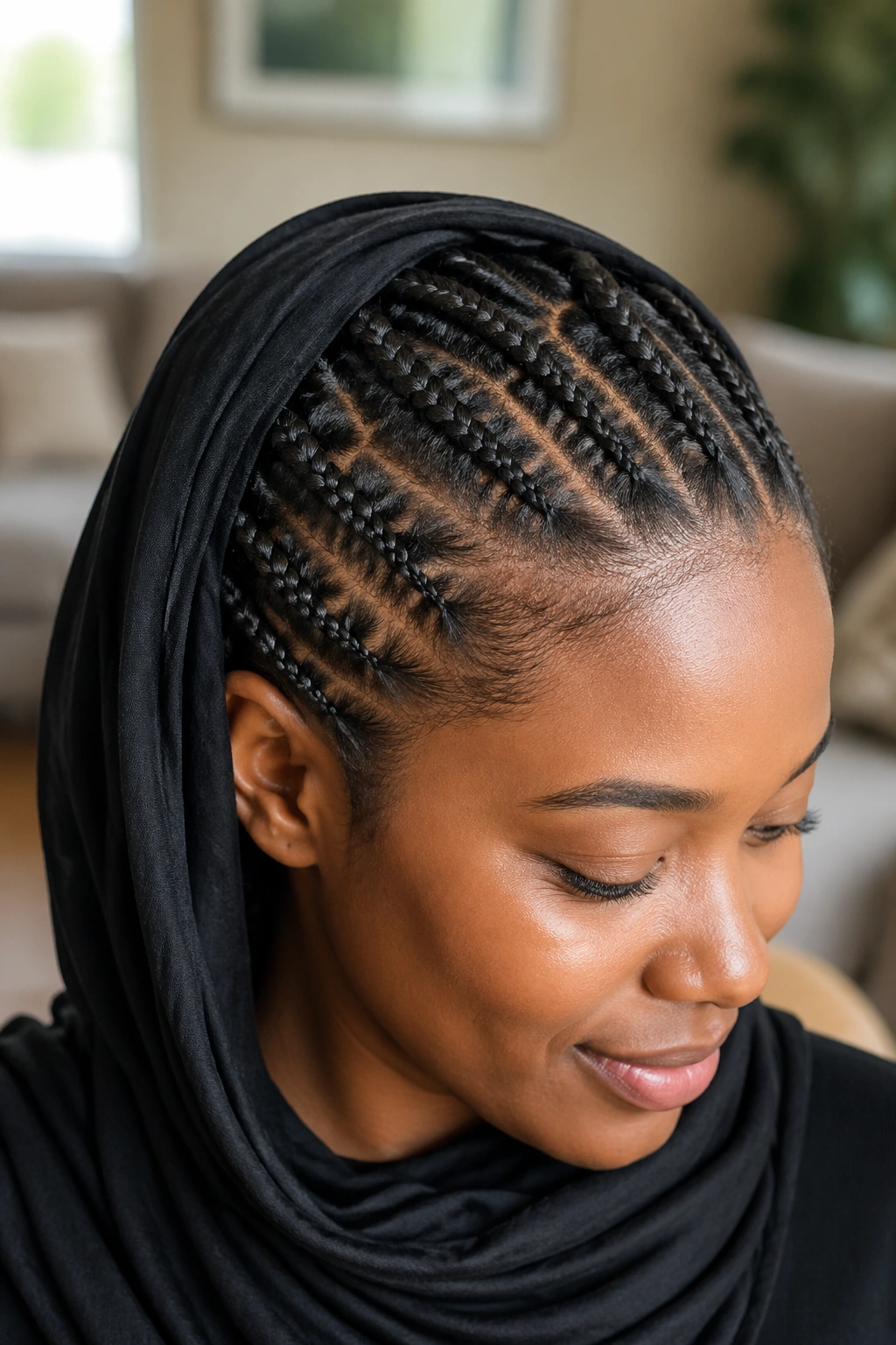 Close-up headshot of a real person showing flat-start knotless box braids around the scalp