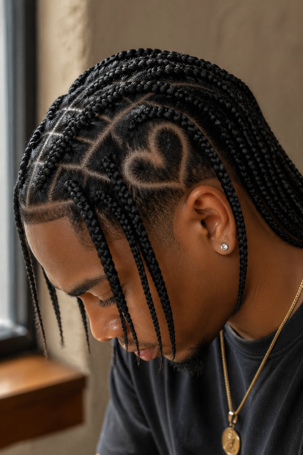 Close-up of knotless box braids with a hidden heart on a real man