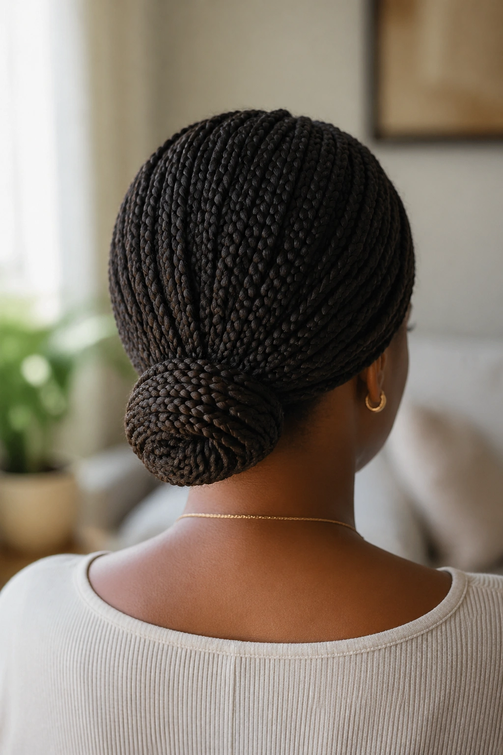 Back-view of a woman with a tucked-end low nape bun from knotless box braids