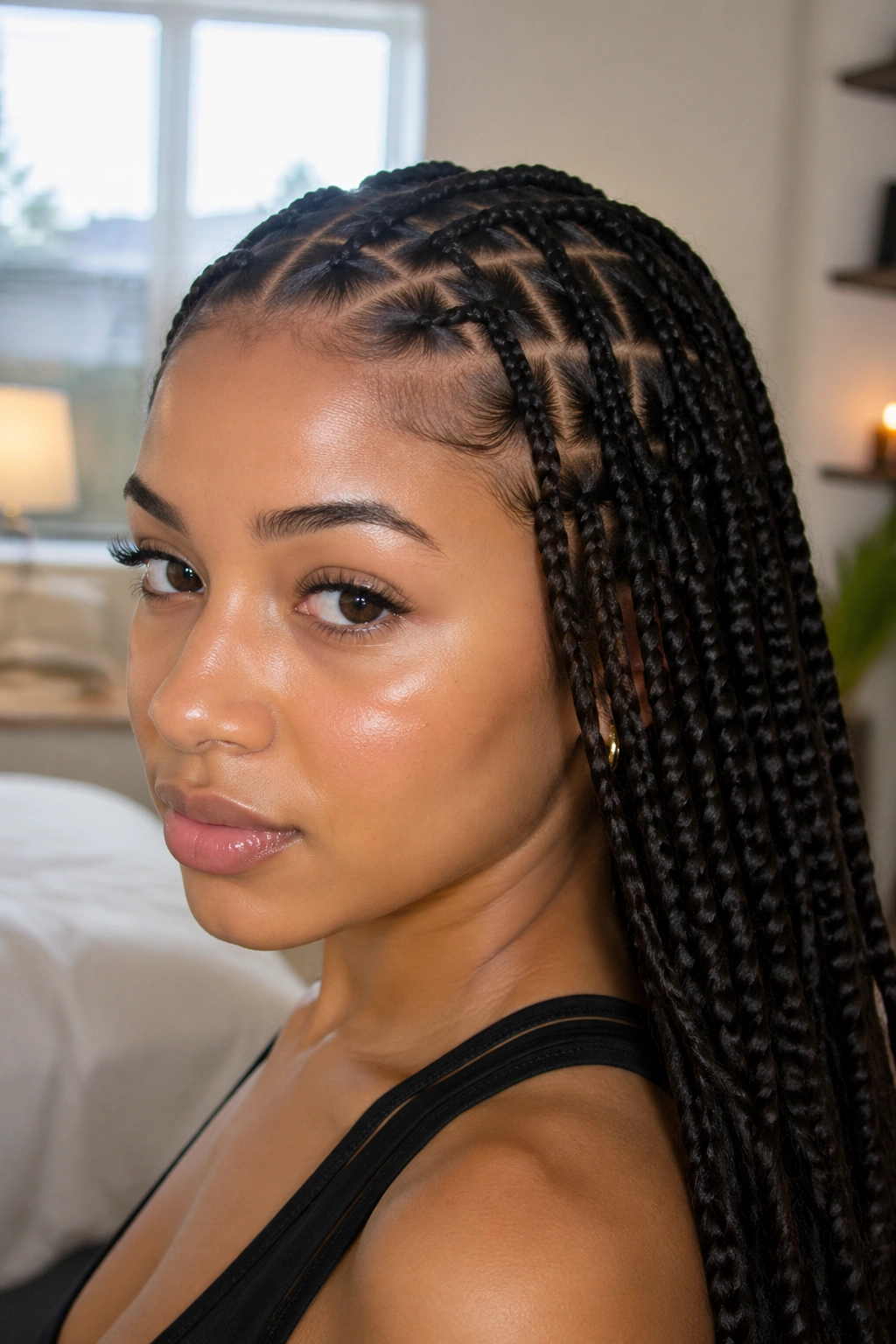 Close-up of knotless box braids on a real woman in window light
