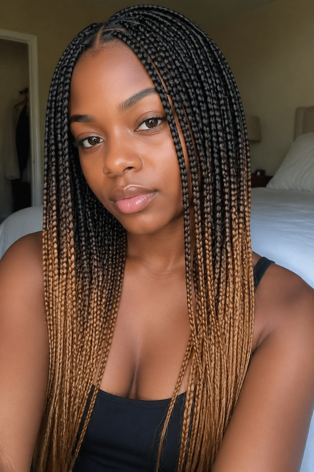 Close-up of knotless box braids with black roots and caramel ends on a real person