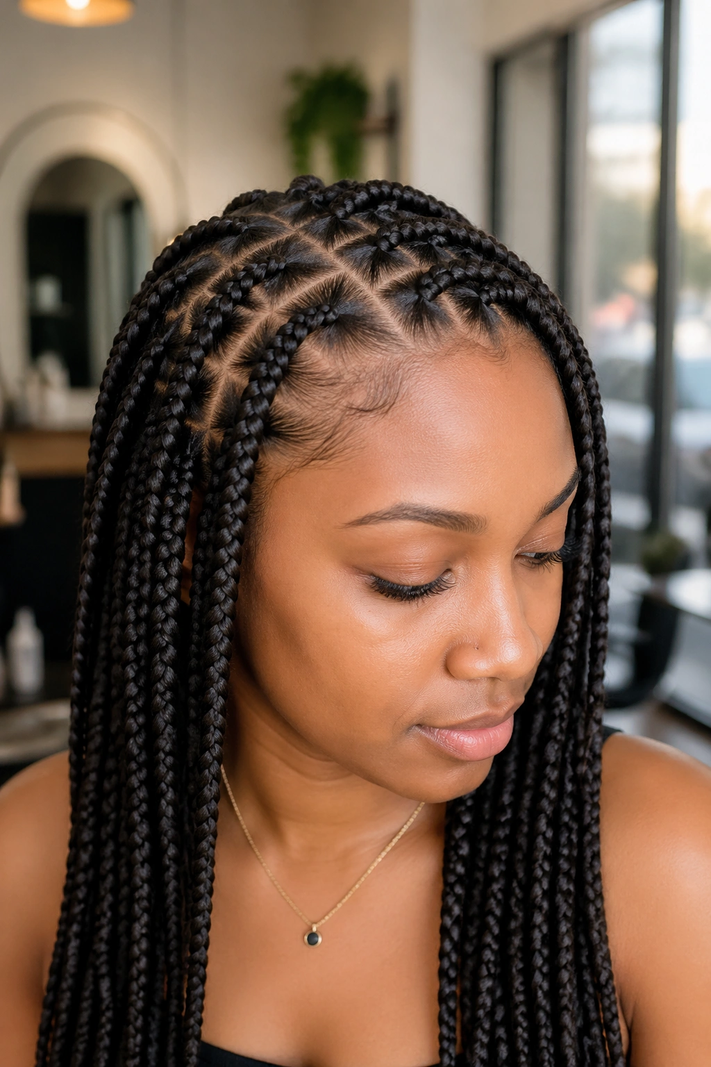 Close-up of knotless box braids on a real woman with soft base and clean part