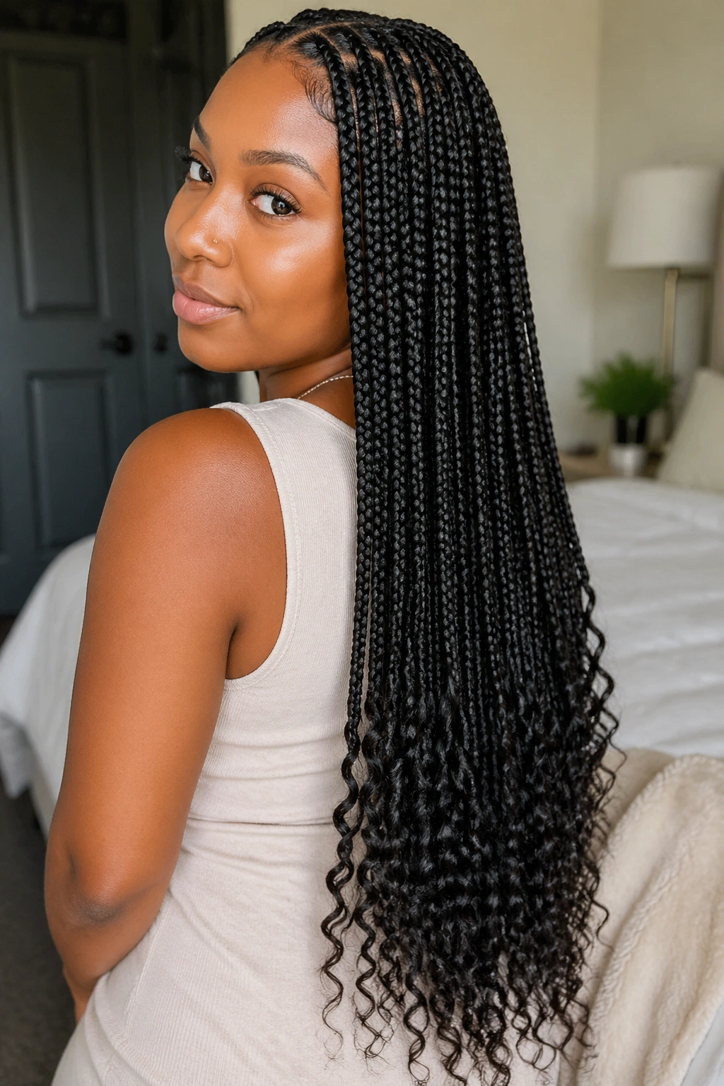 Close-up of a real woman with waist-length knotless box braids and soft spiral ends in warm window light
