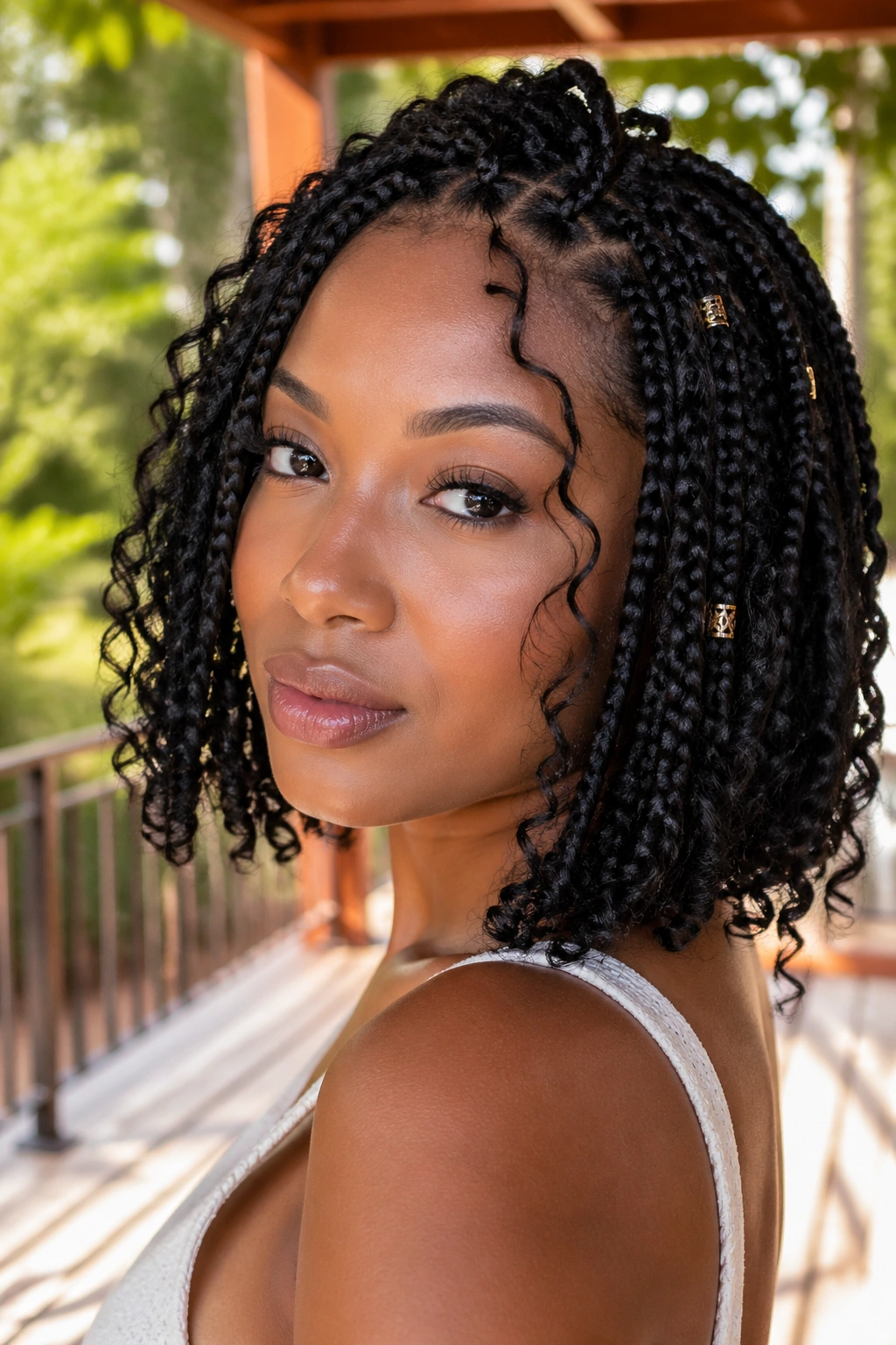 Close-up of a real woman with vacation-ready short boho knotless box braids.