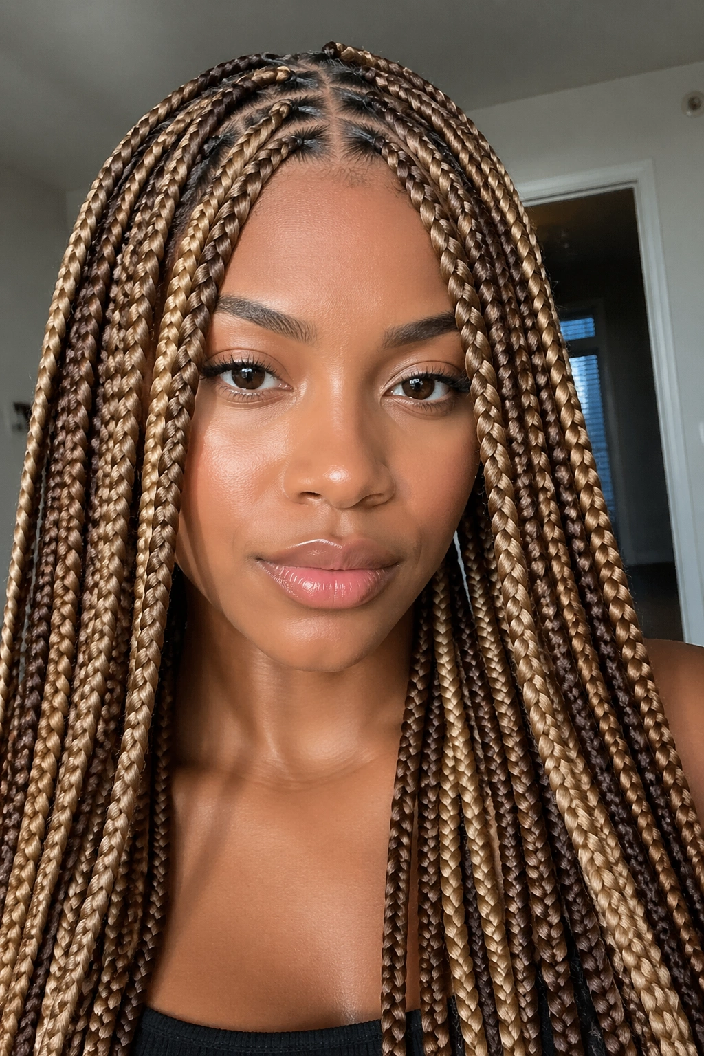 Close-up of a real person with alternating blonde and brown knotless braids.