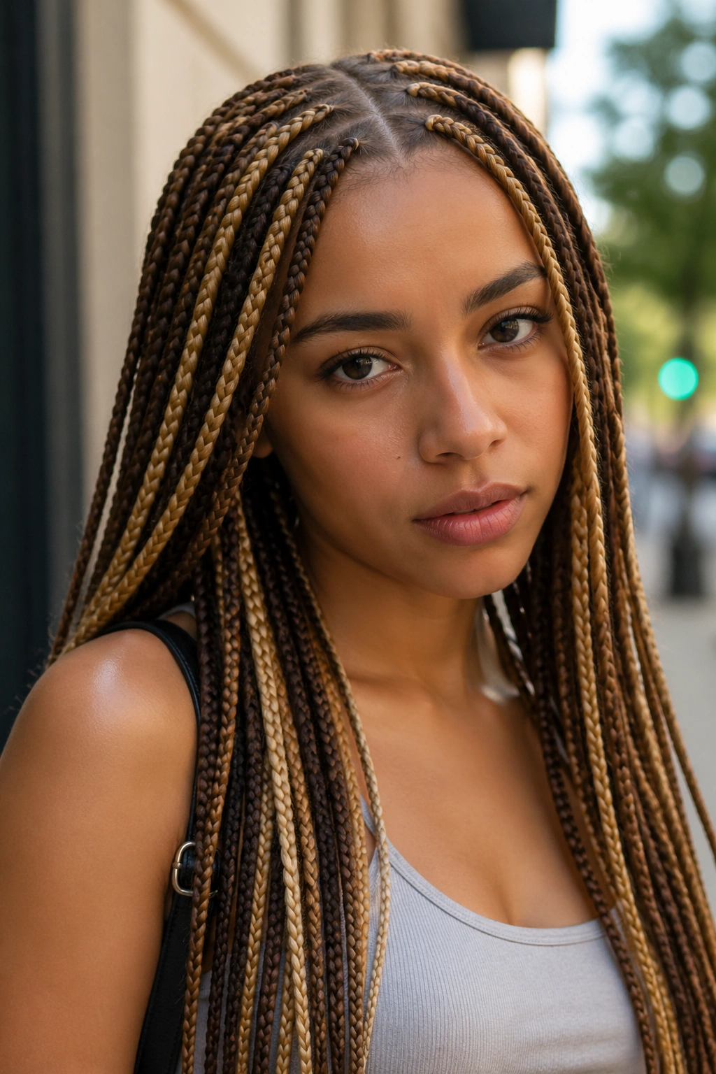 Close-up of a real woman with alternating blonde and brown knotless braids
