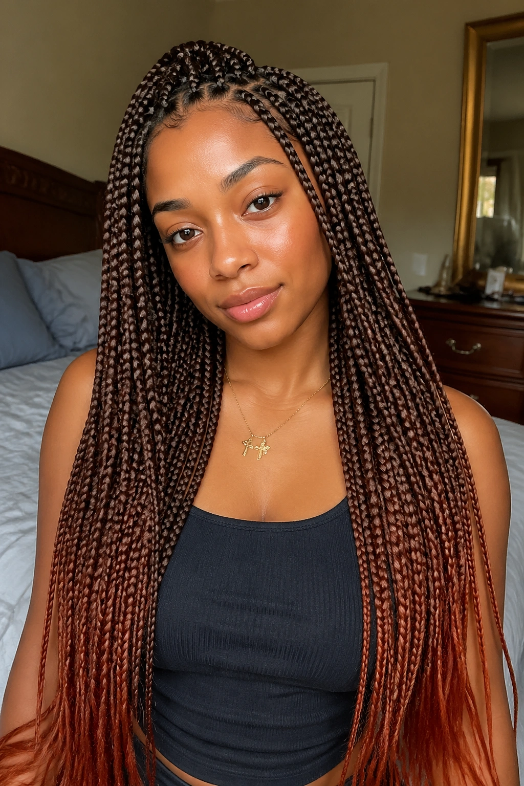 Close-up of a real person with chestnut brown knotless box braids and auburn ends in natural window light